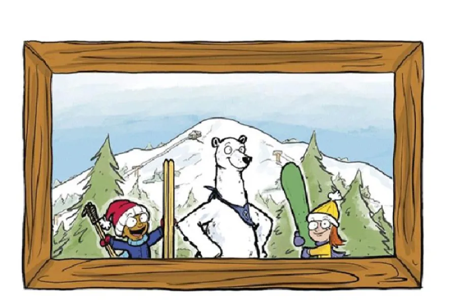 illustration from children's book showing polar bear and two skiers