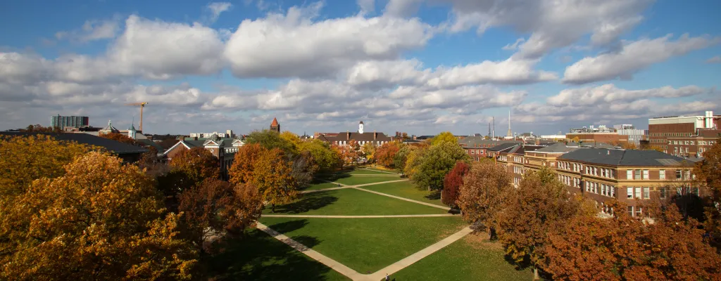 Aerial photo of the Main Quad at the University of Illinois Urbana-Champaign.