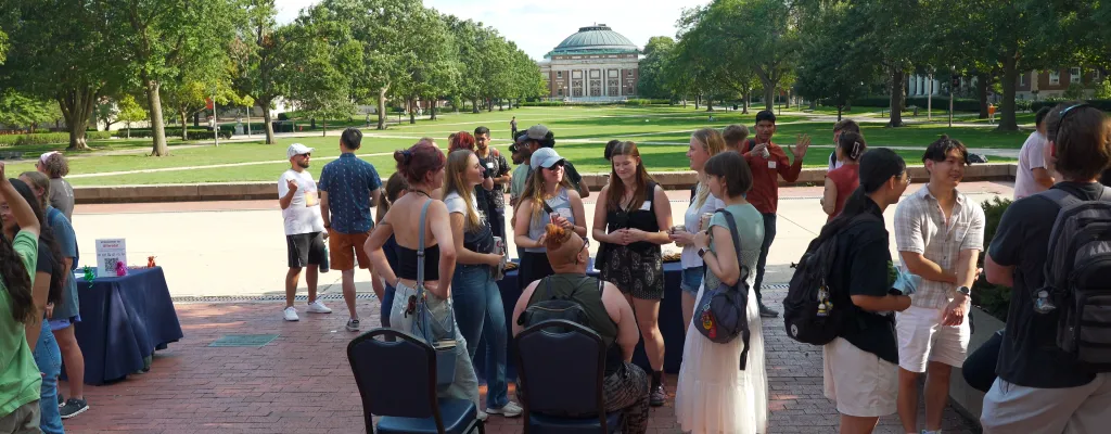 Graduate students gathering by Illini Union