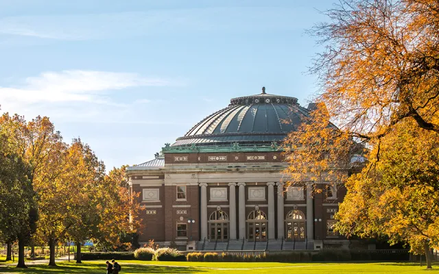 The exterior of Foellinger Auditorium from across the quad on a sunny day