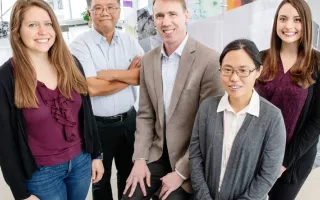 A University of Illinois team developed a web app that can identify drug compounds that will accumulate in Gram-negative bacteria, overcoming a major hurdle in the development of new drugs to kill these dangerous pathogens. The team includes, from left, graduate student Emily Geddes, pathobiology professor Gee Lau, chemistry professor Paul Hergenrother, postdoctoral researcher Hyang Yeon Lee, and postdoctoral researcher Erica Parker.   