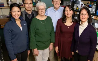 Researchers including, from left, graduate student Valeria Sanabria Guillen, research scientist Sung Hoon Kim, researcher Kathy Carlson, chemistry professor John Katzenellenbogen, research specialist Yvonne Ziegler, and molecular and integrative physiology professor Benita Katzenellenbogen developed new drug agents to inhibit a pathway that contributes to cancer. The compounds killed cancer cells and reduced the growth of breast cancer tumors in mice.  