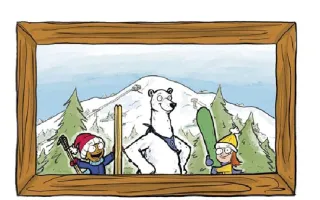 illustration from children's book showing polar bear and two skiers