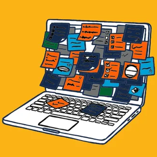 Laptop with sticky notes all over the screen